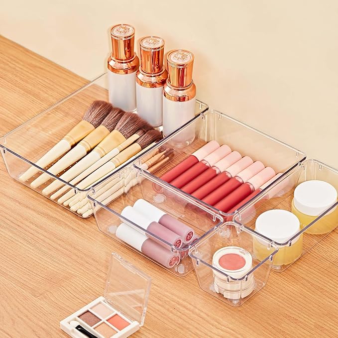 SMARTAKE 13-Piece Drawer Organizers with Non-Slip Silicone Pads, 5-Size Desk Bathroom Drawer Organizer Trays Storage Tray for Makeup, Jewelries, Utensils in Bedroom Dresser, Office and Kitchen, Clear