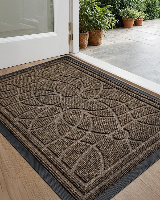 DEXI Front Door Mat Outside Entrance, Heavy Duty Non Slip Low Profile Doormat for Entryway, Trap Dirt and Moisture Welcome Mats, Easy Clean, Patio, Garage, 17x29, Brown