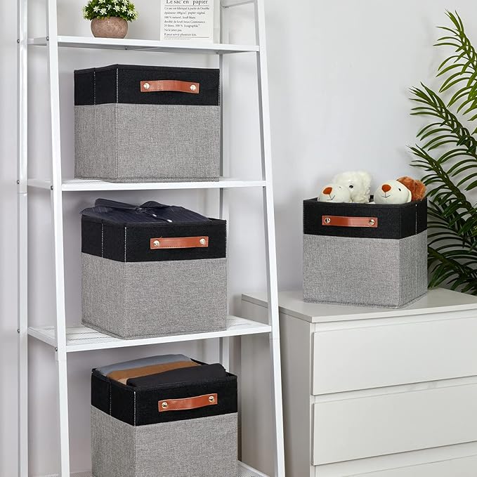 Temary 11 x 11 Cube Storage Bins Fabric Storage Cubes for Shelf, Closet, 4 Pack Cube Basket for Clothes, Storage Cube Bins with Leather Handles(Black&Grey)