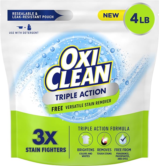 OxiClean Triple Action Free Versatile Stain Remover Powder, Use with Detergent, No Fragrance, No Dyes, No Phosphates, No Chlorine, Removes Stains, Brightens Colors and Whites, 4 lbs