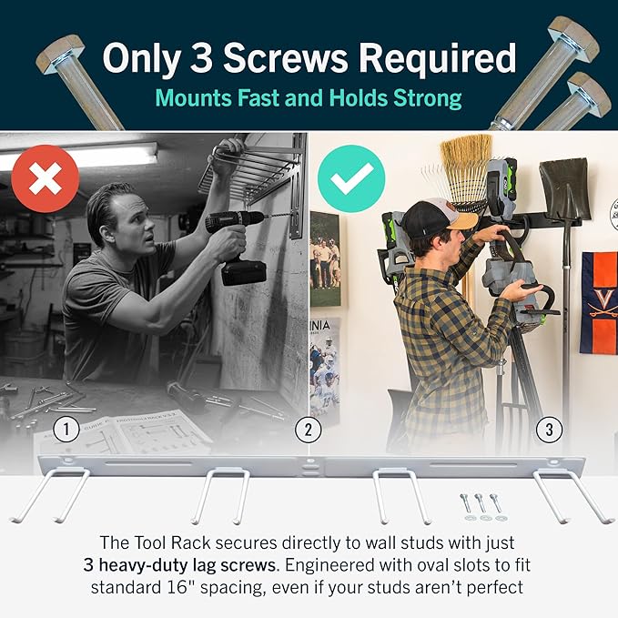 StoreYourBoard Wall-Mounted Rack With 4 Garage Hooks, Gray – Heavy-Duty Steel Holder Garage & Garden Storage for Shed, Workshop, or Home Organization – For Rakes, Shovels, Tools & More – 1 Pack, Gray