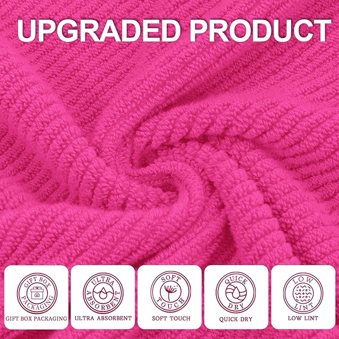 Hot Pink Towels - 100% Cotton, Soft, Quick Dry, Lightweight, Towel Set of 6, 2 Large Bath 30"x56", 2 Thick Hand 18"x28", 2 Absorb Washcloths 13"x13", Pink Bath Towel with Hanging Loop, Luxury Gift Set