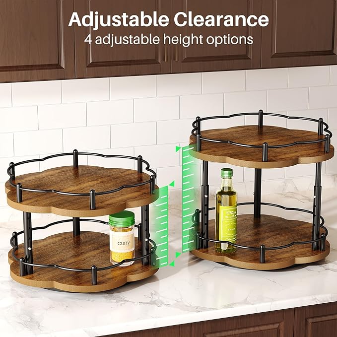 Lazy Susan Spice Rack Organization for Cabinet - 2 Tier Adjustable Height Lazy Turntable Spice Organizer for Kitchen Countertop & Pantry, Wood 10 Inch Seasoning Storage, Black