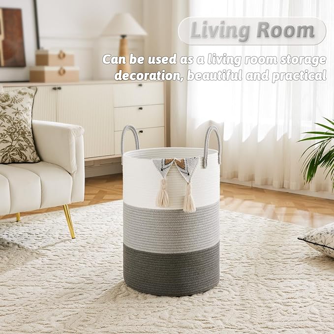 Laundry Basket,Woven Cotton Rope Laundry Hamper,60L for Decorative Storage of Dirty Clothes,Toys and Blankets in Bathroom,Bedroom and Living Room