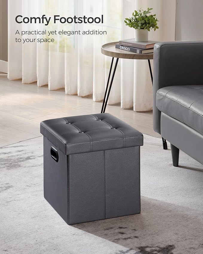 SONGMICS Mazie Collection - 15 Inches Ottoman with Storage, Footstool, Storage Ottoman with Metal Grommet Handles, Load 660 lb, for Dorm, Living Room, Bedroom, Synthetic Leather, Dark Gray ULSF030G01
