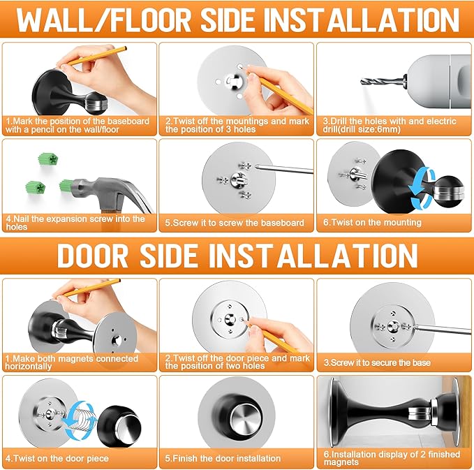 Crosize Magnetic Door Stoppers 2 Pack, Stainless Steel Door Catch for Wall and Floor Mounting, Door Holder Keep Door Open, No Drilling Door Stop with Adhesive Tapes, Silver