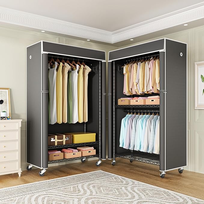 FUTASSI Black Clothing Rack with Dark Gray Cover, P1C Rolling Closets with Wheels, Metal Garment Rack for Hanging Clothes, Clothing Storage Wardrobe, 36.2" W x 16.5" D x 80.5" H, Load 450 Pounds