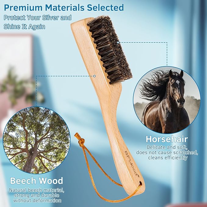 BFWood Horsehair Silver Brush - 2PCS Detailing Brush Set for Silverware - Jewelry Cleaning Brushes for Sterling, Cutlery, Metal - Perfect Match for Silver Polish