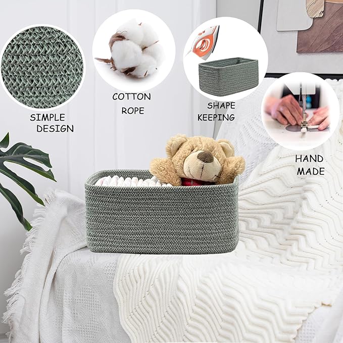 COMFY-HOMI 11.5"x7.5"x4.7" Storage Baskets for Organizing | Cotton Rope Woven Basket | Toy Storage Bin Box | Basket for Shelves, Closet Organizer Bin, Decorative Closet Shelf, 3 Pack, Green