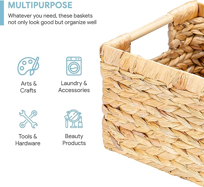 Natural Water Hyacinth storage basket with Handle, Rectangular Organizing Basket for Organizing, Decorative Wicker Storage Bins for Living Room, Medium Wicker Baskets - 3 Pack Medium