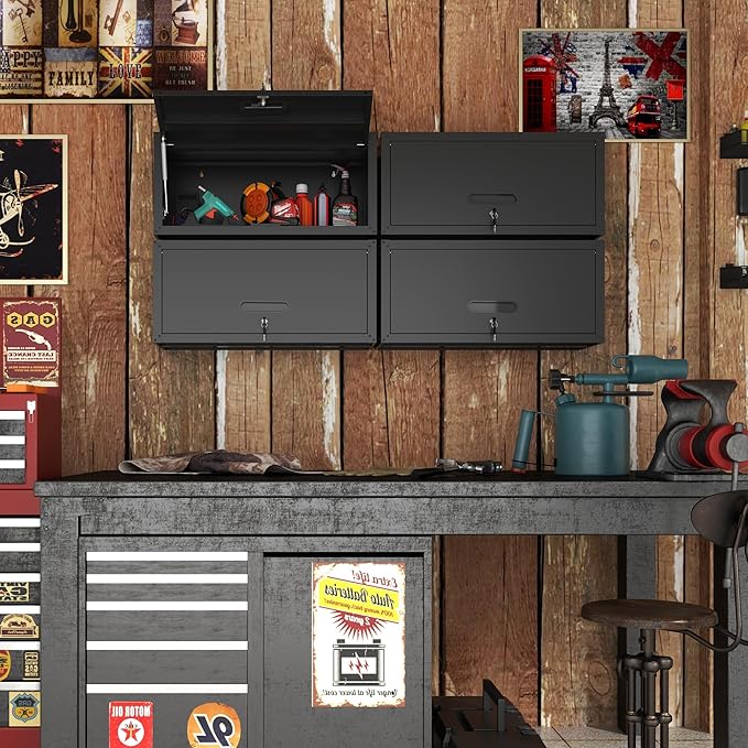 Garage Wall Cabinet with Flip-Up Door, Lockable Metal Storage Cabinet Wall Mounted, Hanging Tool Cabinet for Garage Basement Utility Room, Black