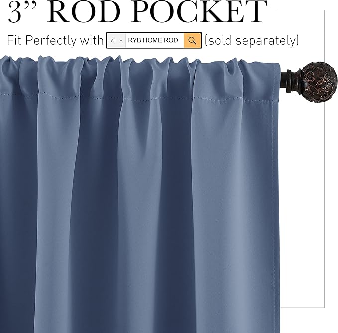 RYB HOME Blackout Curtains for Small Window - Thermal Insulated Noise Reducing Energy Efficiency Small Window Decor for Closet Basement Cafe, 52 inches Wide x 36 inches Long, Stone Blue, 1 Pair
