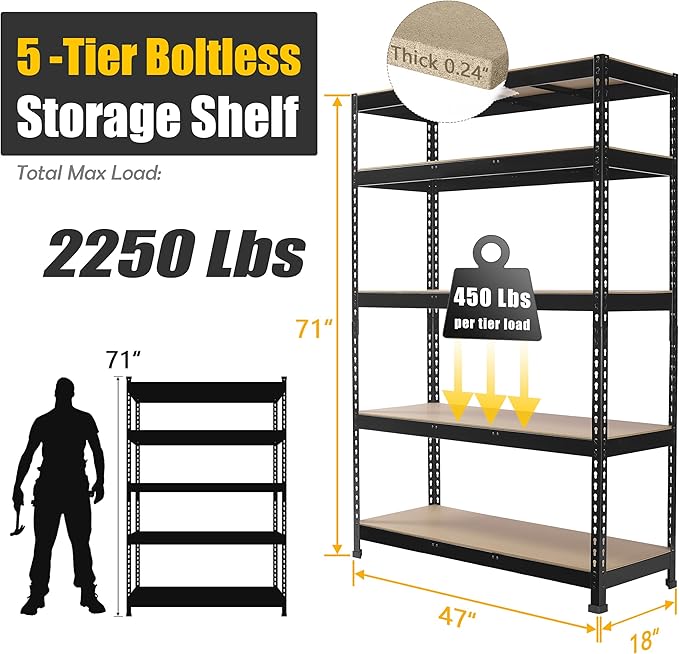 PrimeZone 5 Pack Heavy Duty Storage Shelves - 47" W x 18" D x 71" H 5 Tier Adjustable Garage Storage Shelving, Metal Storage Utility Rack Shelf Unit for Warehouse Pantry Closet Kitchen, Black