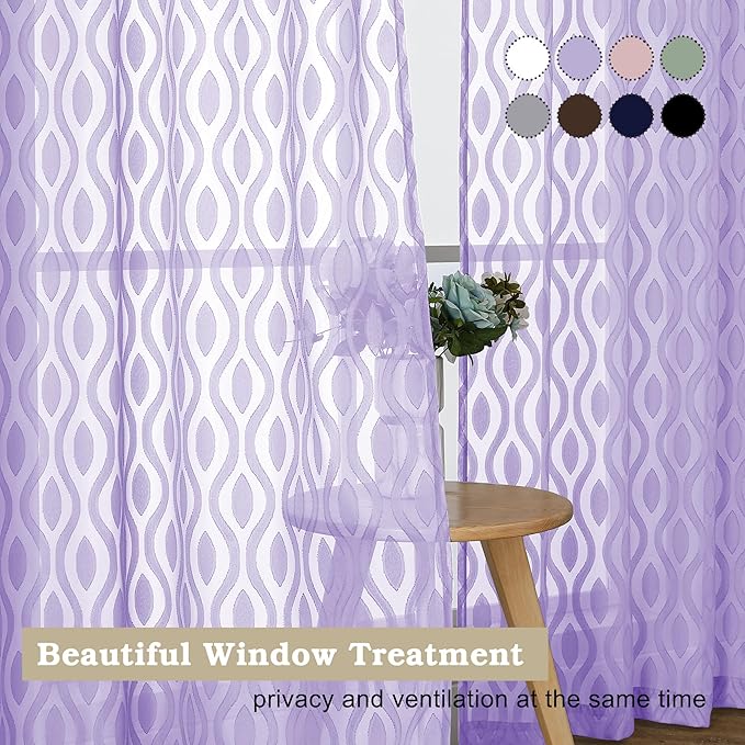 Aiyufeng Light Purple Sheer Curtains 72 Inches Long 2 Panels Set, Elegant Light Filtering Transparent Curtain Draperies for Bedroom Living Room, Classic Clip Wavy Line Door Curtains, 40Wx72L Inch