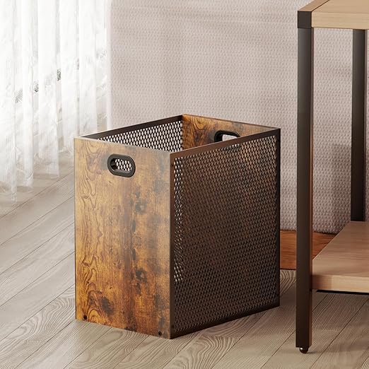 Retro Office Trash Can, Iron and Wood Combination Bedroom Garbage Can, Rectangular Design Wastebasket with Handle, Industrial Style Trash Can for Home Office, 11.02" X 7.87" X 11.81" 4.5 Gallon (2)