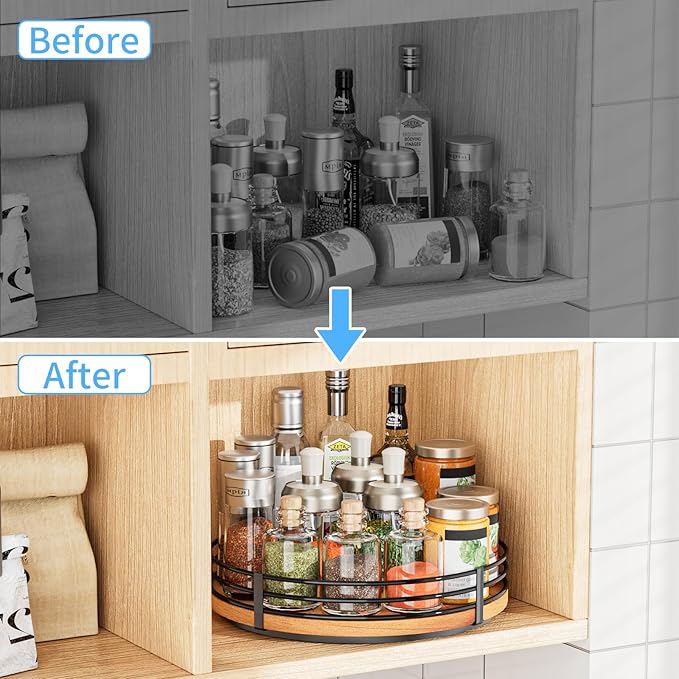 12" Lazy Susan Turntable Organizer - Oak Wood Lazy Susan for Cabinet Kitchen Countertop Dining Table Pantry Cupboard Bathroom Coffee Bar Storage Spice Rack Home Decor