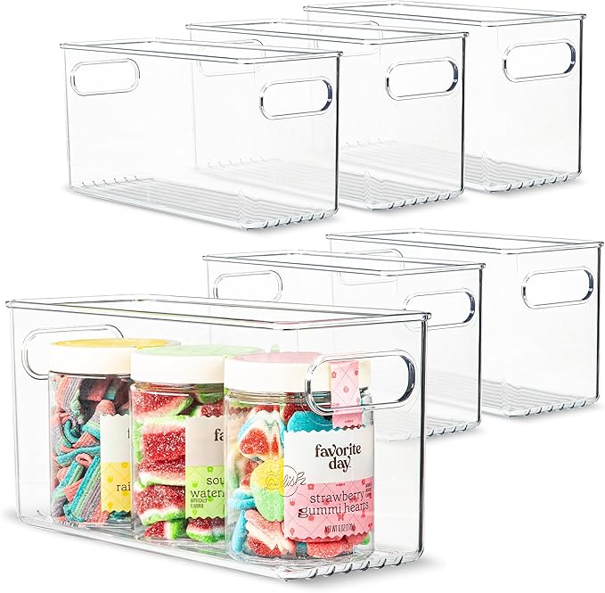 Plastic Food Storage 6 Pack Clear Container Bin with Handles for Organizing Kitchen, Pantry, Refrigerator, Freezer, Pantry, Cabinet, Closet, Bathroom. 10”x4”x5”