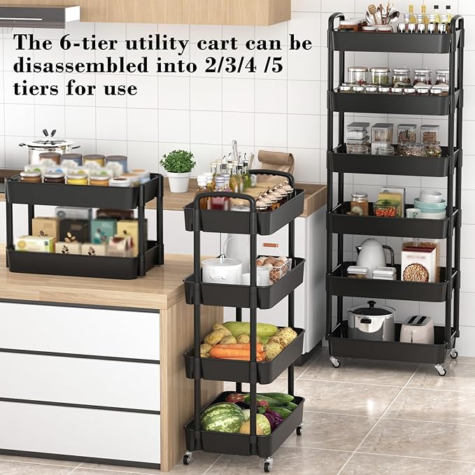 Sywhitta 6-Tier Plastic Rolling Utility Cart with Handle, Multi-Functional Storage Trolley for Office, Living Room, Kitchen, Movable Storage Organizer with Wheels, Black