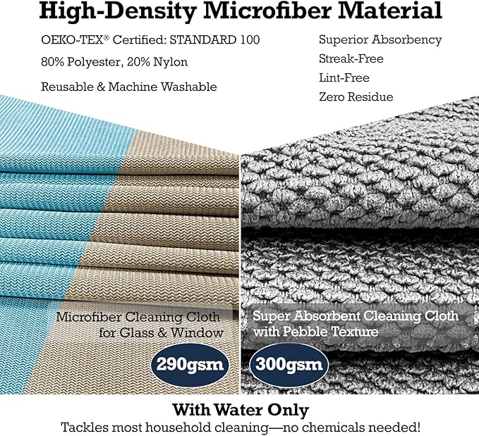 2-Step Glass Cleaning Cloth 3-Pack - Lint-Free Microfiber Towels Polish & Scrub Kit - Water Only Streak-Free for Windows, Cars, Mirrors - Blue, Brown, Gray