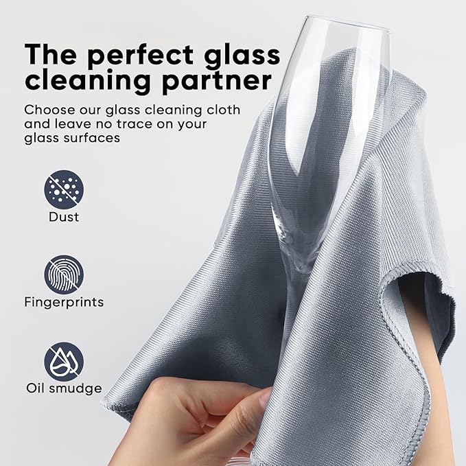 HOMEXCEL Microfiber Glass Cleaning Cloths 6 PK, Lint Free Streak Free, Reusable Microfiber Cleaning Cloth for Cleaning Windows, Glasses, Mirrors, Screens, Stainless Steel, and More, Grey-14”×16”