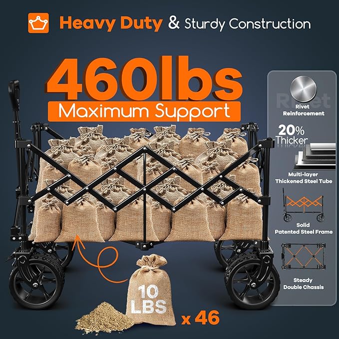 220L Collapsible Wagon Cart Foldable, 460lbs Load Capacity Heavy Duty Folding Beach Wagons with Big All-Terrain Wheels, Utility Carts for Groceries, Shopping, Camping, Sports - Green