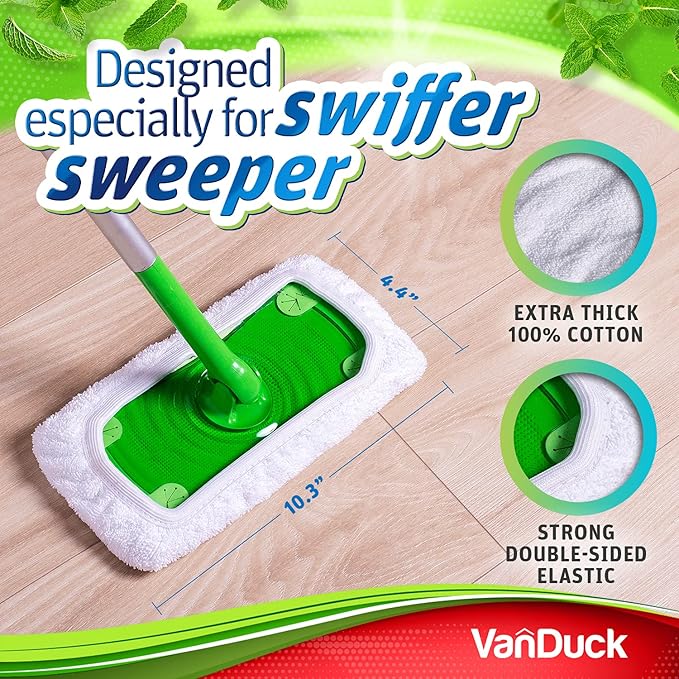 VanDuck Reusable 100% Cotton Mop Pads Compatible with Swiffer Sweeper (2-Pack), Terry Cloth Mop Covers Washable for Wet Mopping and Floor Cleaning (Handle is Not Included)