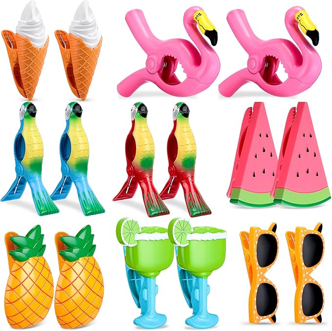 Rtteri 16 Pcs Beach Towel Clips for Beach Chairs Cute Towel Holder Cruise Clothes Pins for Lounge Chair Patio Pool, Assorted Style(Classic)