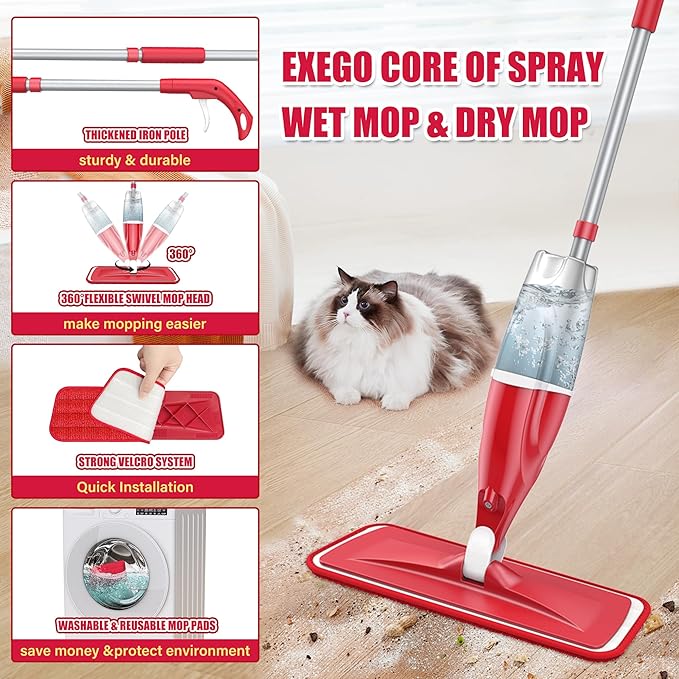Spray Wet Mops for Hardwood Floor Cleaning: EXEGO Microfiber Dry Dust Spray Mop with 3 Washable Pads fit for Swiffer PowerMop - Wet Jet Mop Flat Floor Mops with Sprayer for Wood Laminate Ceramic Tiles
