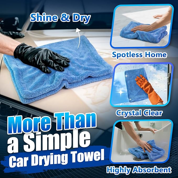Airlab Car Drying Towel Microfiber Towels for Cars 1200 GSM Wash Auto Detailing Supplies Twist Pile Cleaning Cloth Absorbent Quick Dry Soft Loop Dry Flash Towel, 24 x 16 Inch,Pack of 1, Blue