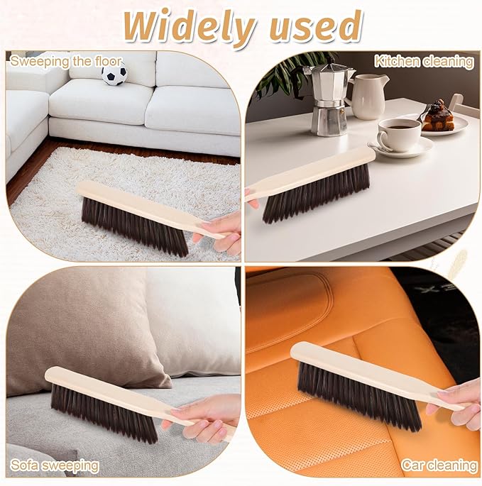 8 Pieces Woooden Dust Brush Hand Broom Bulk Bench Brush with Long Wood Handle Soft Bristle Whisk Broom for Counter Bed Sofa Bench Car Fireplace Clothes Household Cleaning