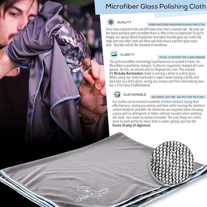 Trendy Bartender Microfiber Glass Polishing Lint-Free Cloth for Spotless Shine and a Residue-Free Finish - Toast to Perfection - Pack of 2-25x20 inch - White