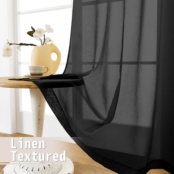 Tollpiz Sheer Linen Textured Curtain Sheers Doorway Light Filtering Voile French Door Rod Pocket Curtains Patio Glass Door, 54 x 63 inches Long, Black, Set of 1 Panel