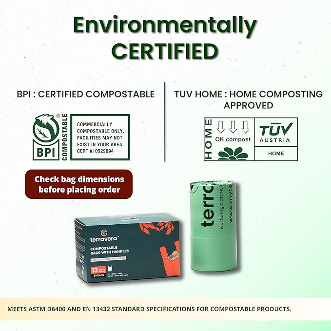 13 Gallon Compostable Trash Bags - Handle Tie | Extra Thick 1 mil|BPI & OK Home Certified ASTM D6400 Standards | Food Scraps, Kitchen Trash, Home & Yard Waste Bags | 30 Count compost bags
