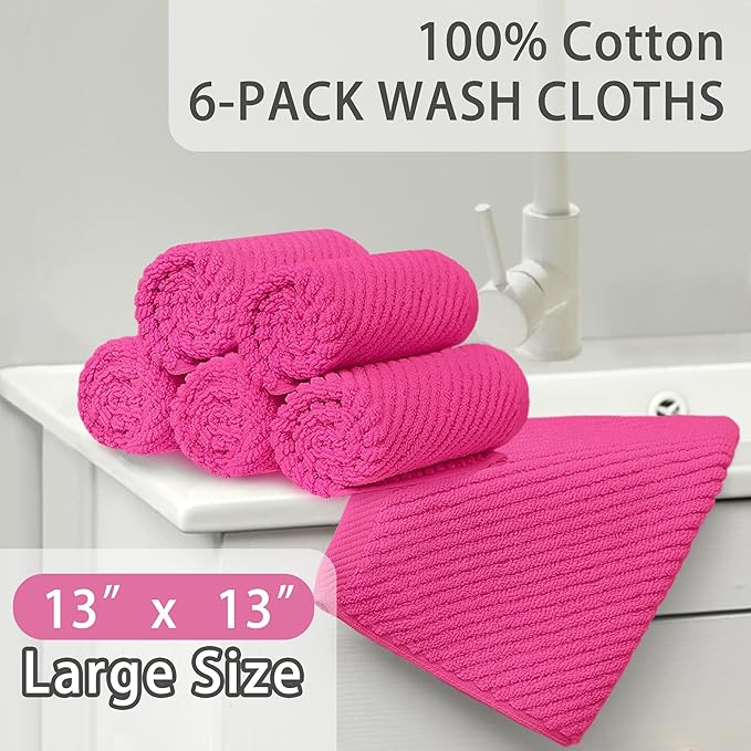 VOOVA & MOVAS Pink Washcloths (6PC, 13"x13") - 100% Cotton | Lightweight | Thick | Quick Dry | Soft | Absorbent, Luxury Towels for Face, Fluffy Wash Cloths for Bathroom, Towel Gift Set, Hot Pink