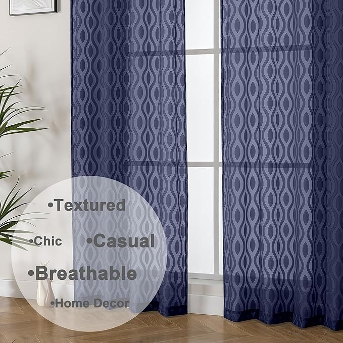 Aiyufeng Navy Blue Curtains - 84 Inch Length (2 Panels), Airy Lightweight Clip Jacquard Light Filtering Bedroom/Living Room Curtains - 80 Inch Width, Wavy Line Rod Pocket, Modern Style