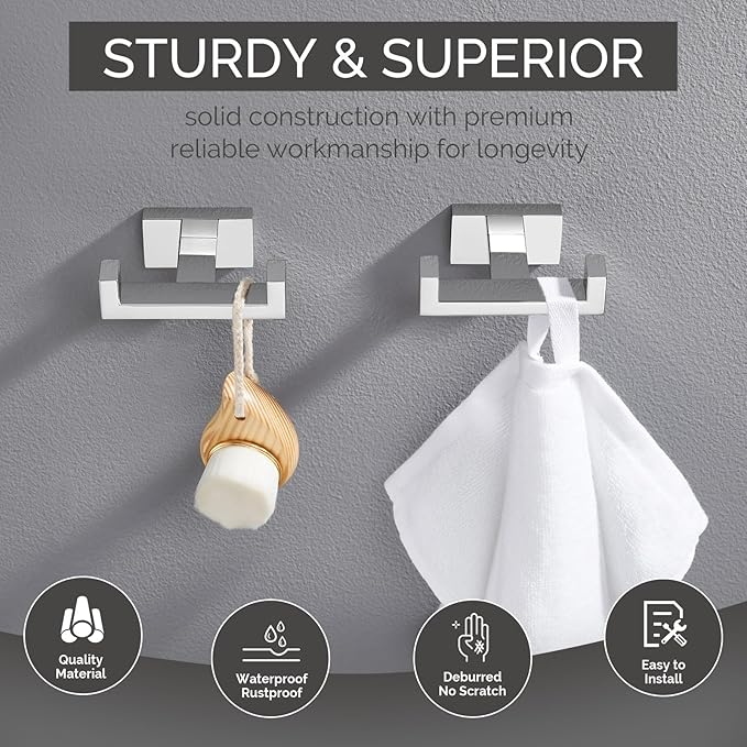Angle Simple Double Towel Hooks, SUS 304 Stainless Steel Robe Coat Wall Hooks for Bathroom, Polished Chrome, 2 Pack