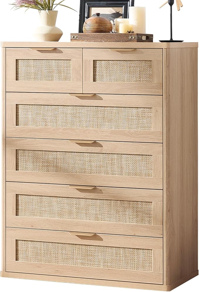 LEYAOYAO Rattan Dresser for Bedroom, 42" Tall Chest of Drawers, Modern 6 Drawers Boho Dressers with Storage, Light Oak Dresser Wooden Closet Organizer for Living Room, Hallway, Natural Wood