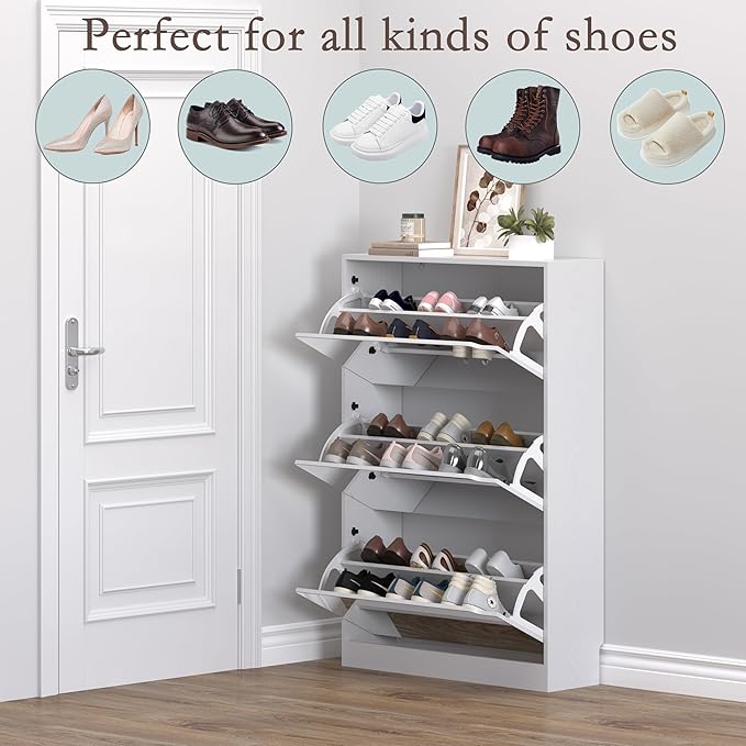 Shoe Cabinet with 3-Flip Mirror Drawers, Freestanding Shoe Rack Organizer with Hidden Handle, Slim Narrow Shoe Storage Cabinet for Entryway, Entrance, Hallway, Bedroom