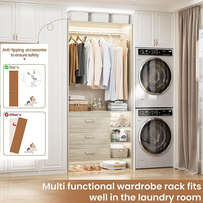 Aheaplus 2.5FT Closet System with 3 Drawers, 29.5’’ Closet Organizer, Wood Closet Organizer System, Walk-in Closet or Small Closets Wardrobe, Clothes Rack with Hanging Rods,-E6, White Oak