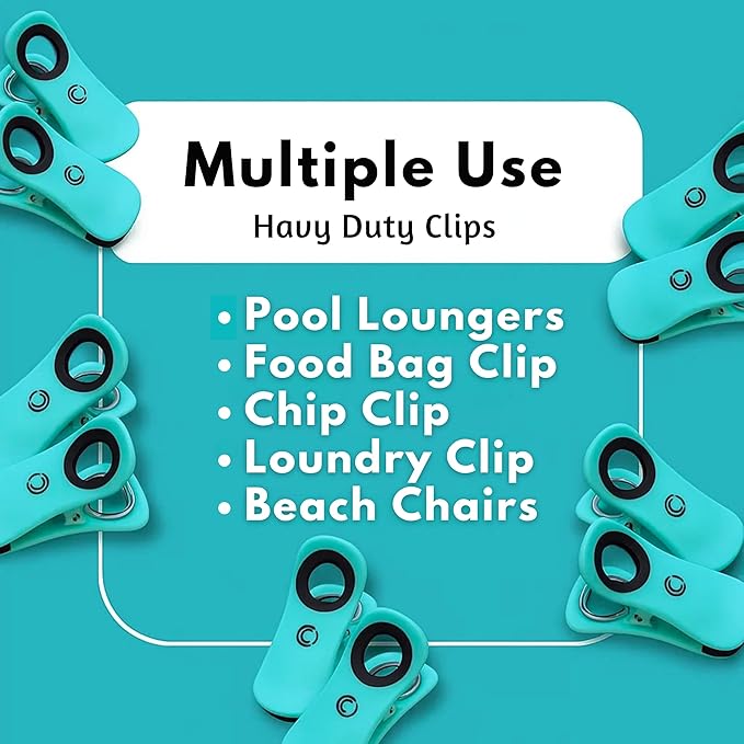 CoreClips Towel Clips for Beach Chairs - Set of 4 Pool Towel Holder Clips for Lounge Chairs on Cruise, Large 2.5” Opening Heavy Duty Clip for Towels on Boat Loungers with Travel Pouch - Turquoise