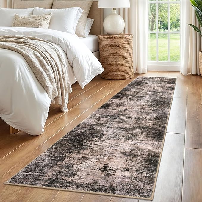 IOHOUZE Abstract Runner Rug 2x8 Ft Washable Runners for Hallways, Non Slip Kitchen Runner Printed Faux Wool Entryway Runner Indoor, Modern Abstract Floor Carpet for Hall Kitchen Bedroom, Brown/Rust