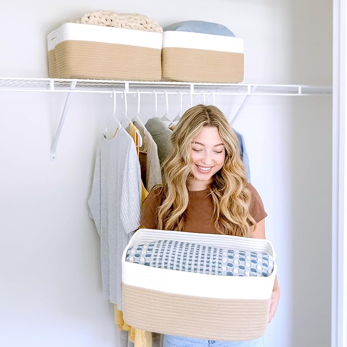 NaturalCozy Storage Baskets 16.8”x13”x7.6” Cotton Rope Woven Baskets for Organizing 3-Pack | Toy Storage Bins | Basket for Shelves, Laundry, Blanket, Clothes, Closet, Kitchen, Bathroom, Gifts