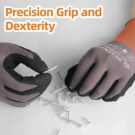 Schwer 12 Pairs Safety Work Gloves with Sandy Nitrile Coating , A1 Cut Resistant Heavy Duty Working Gloves with Grip for Men and Women, Ideal for General Use, Mechanic, Construction, Gardening, L