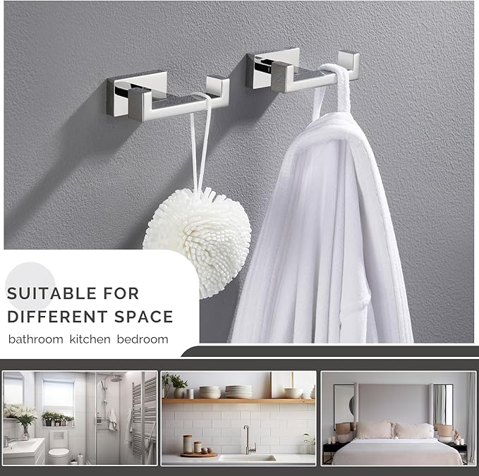 Angle Simple Double Towel Hooks, SUS 304 Stainless Steel Robe Coat Wall Hooks for Bathroom, Polished Chrome, 2 Pack