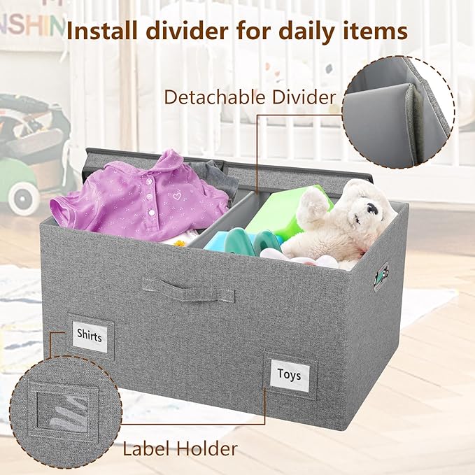 75 Quarts Extra Large Decorative Storage Bins with Lids, 3 Packs Gray Collapsible Storage Bins with Lids, Stackable Storage Bins Decorative Box Storage With Lid Extra Large