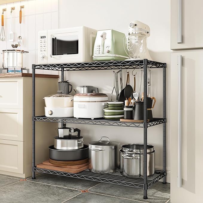 3- Shelf Metal Shelving Unit 35.6Wx14Dx36H Adjustable Storage Shelves Heavy Duty Garage Shelving Steel Wire Shelving for Laundry Bathroom Kitchen Pantry Closet Garage Black