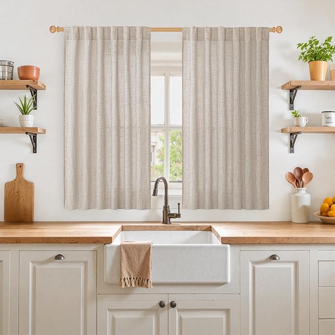 YoungsTex Natural Linen Curtains 45 Inch Length for Kitchen Bathroom Window, Burlap Semi Sheer Drapes with Rod Pocket Back Tab Light Filtering for Cafe Bedroom Counrty, 52 X 45 Inch, 2 Panels