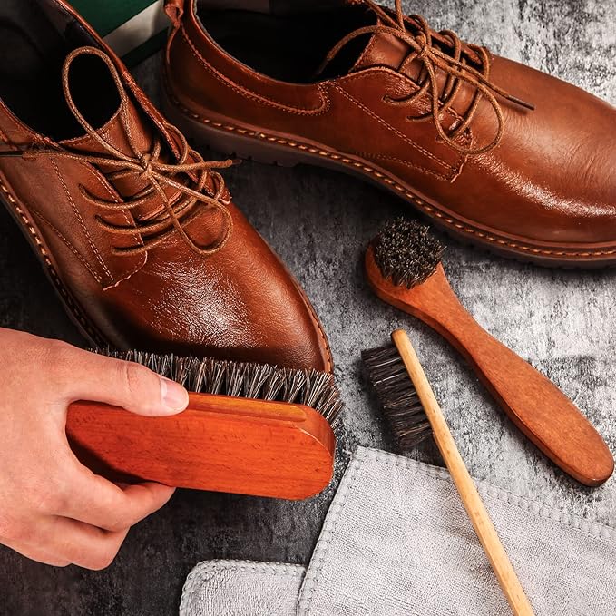 7 Pcs Horsehair Shine Shoes Brush Kit Polish Dauber Applicators Cleaning Leather Shoes Boots Care Brushes Suede Cleaner Brush with Microfiber Shoe Cloth(7 Pcs Style C)