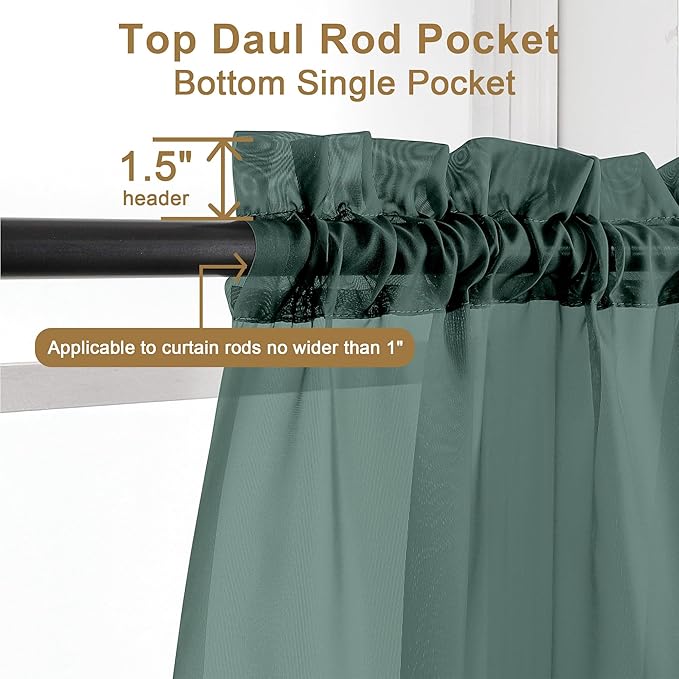 Chyhomenyc Hunter Green Sheer Curtains 63 Inch Length 2 Panels, Rod Pocket Solid Window Sheer Curtain Panels, Elegant Curtains & Drapes for Living Room Bedroom 2 Panels (Hunter Green, 42 W x 63 L)