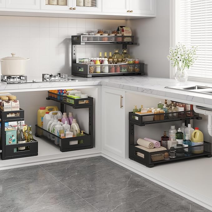 2 Pack 19IN Depth Under Sink Storage Organizer, Large 2-Tier Elegant Mesh Pull Out Shelf for Kitchen and Bathroom Cabinet Organization, L-Shaped and Adjustable Height Design-Black